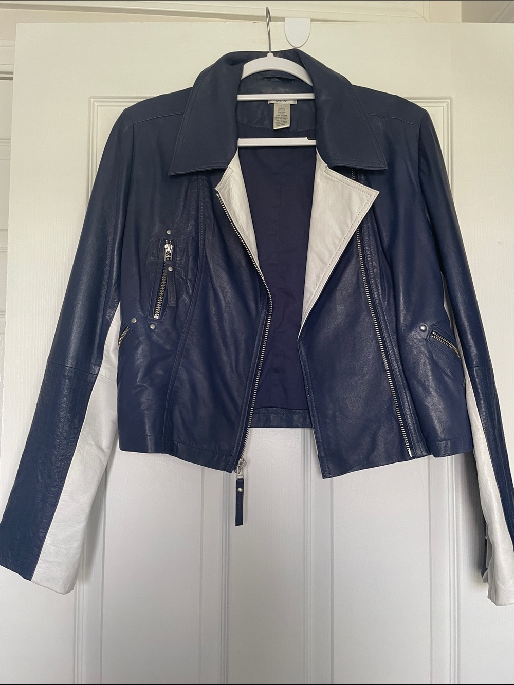 Cache Women's Navy and White Leather Moto Jacket